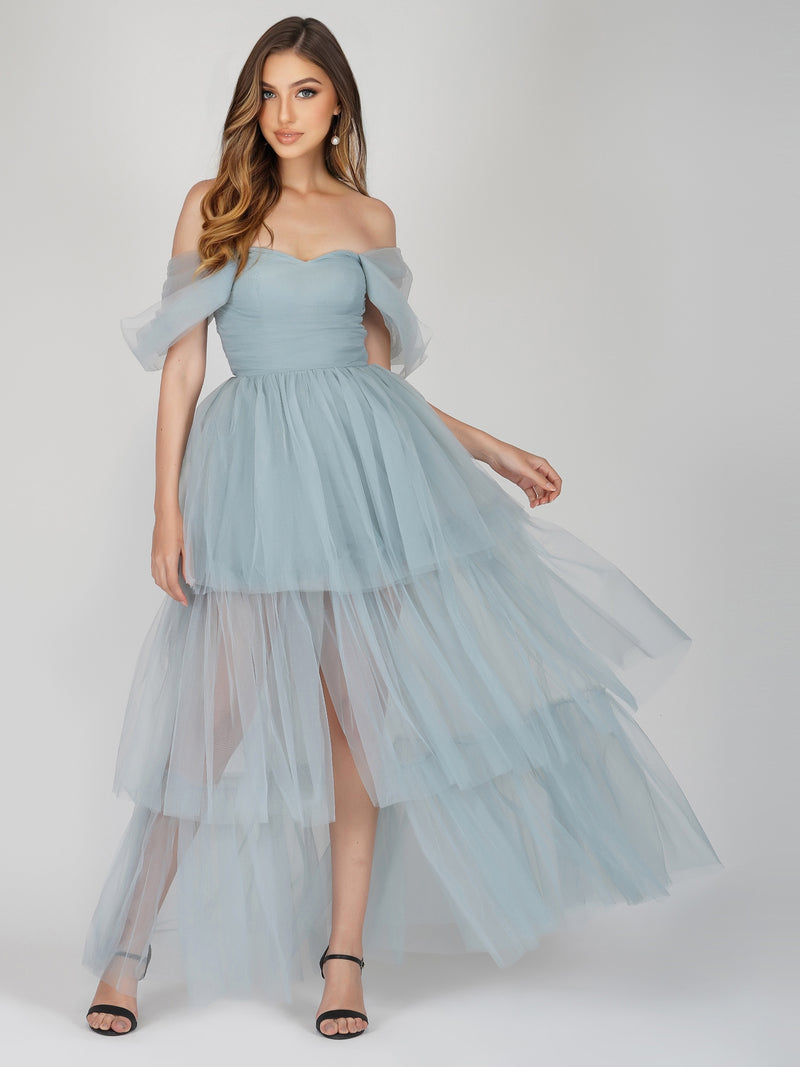 Sydney Dusty Blue Tulle Dress – Lace & Beads